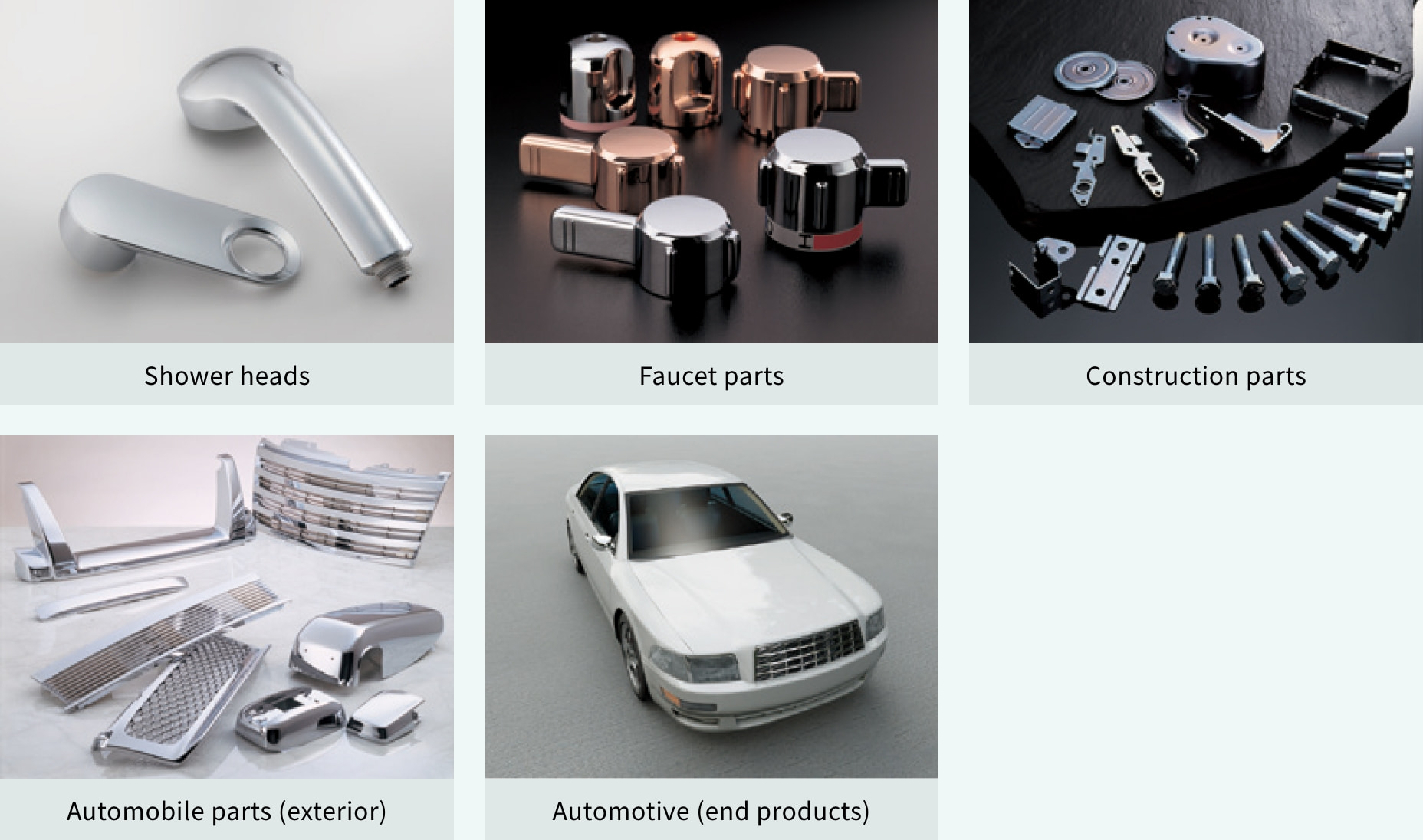 Shower heads Faucet parts Construction parts Automobile parts (exterior) Automotive (end products)