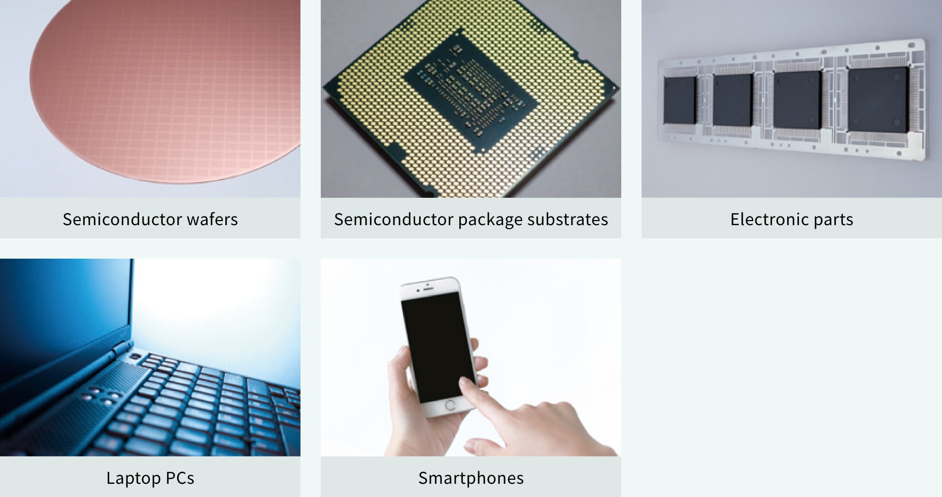 Semiconductor wafers Semiconductor package substrates Electronic parts Laptop PCs Smartphones